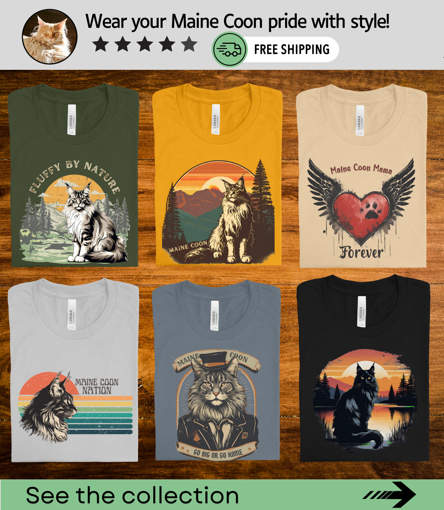 collection of maine coon cat t-shirts