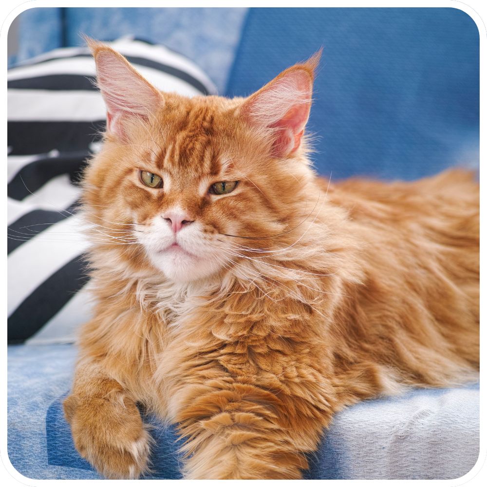 Big Healthy Kitten big purebred red ginger maine coon kitten on a blue couch