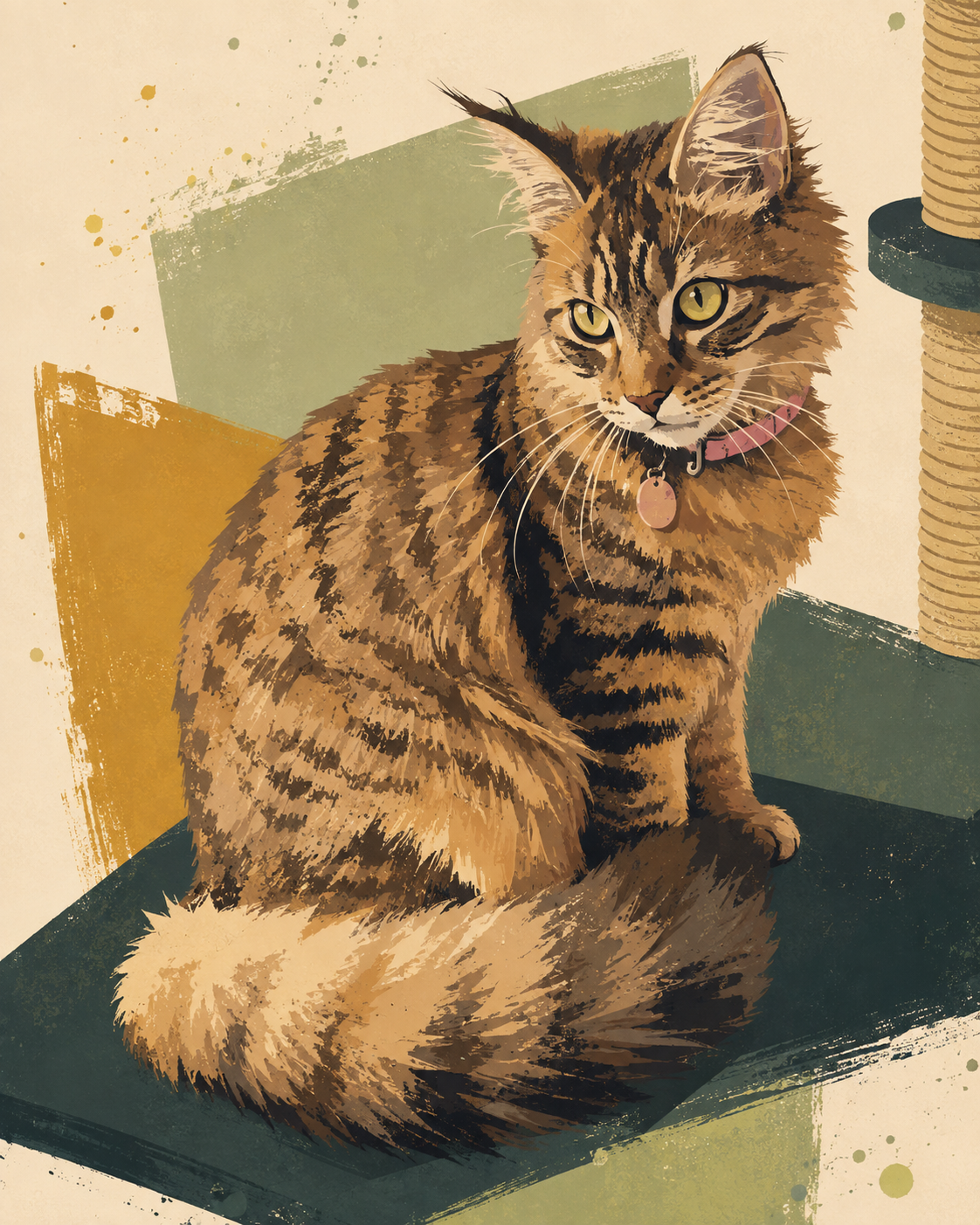 Brown tabby Maine Coon cat with distinct stripes and a bushy tail sitting on a cat tree. Brown tabby Maine Coon cat with distinct stripes and a bushy tail sitting on a cat tree.