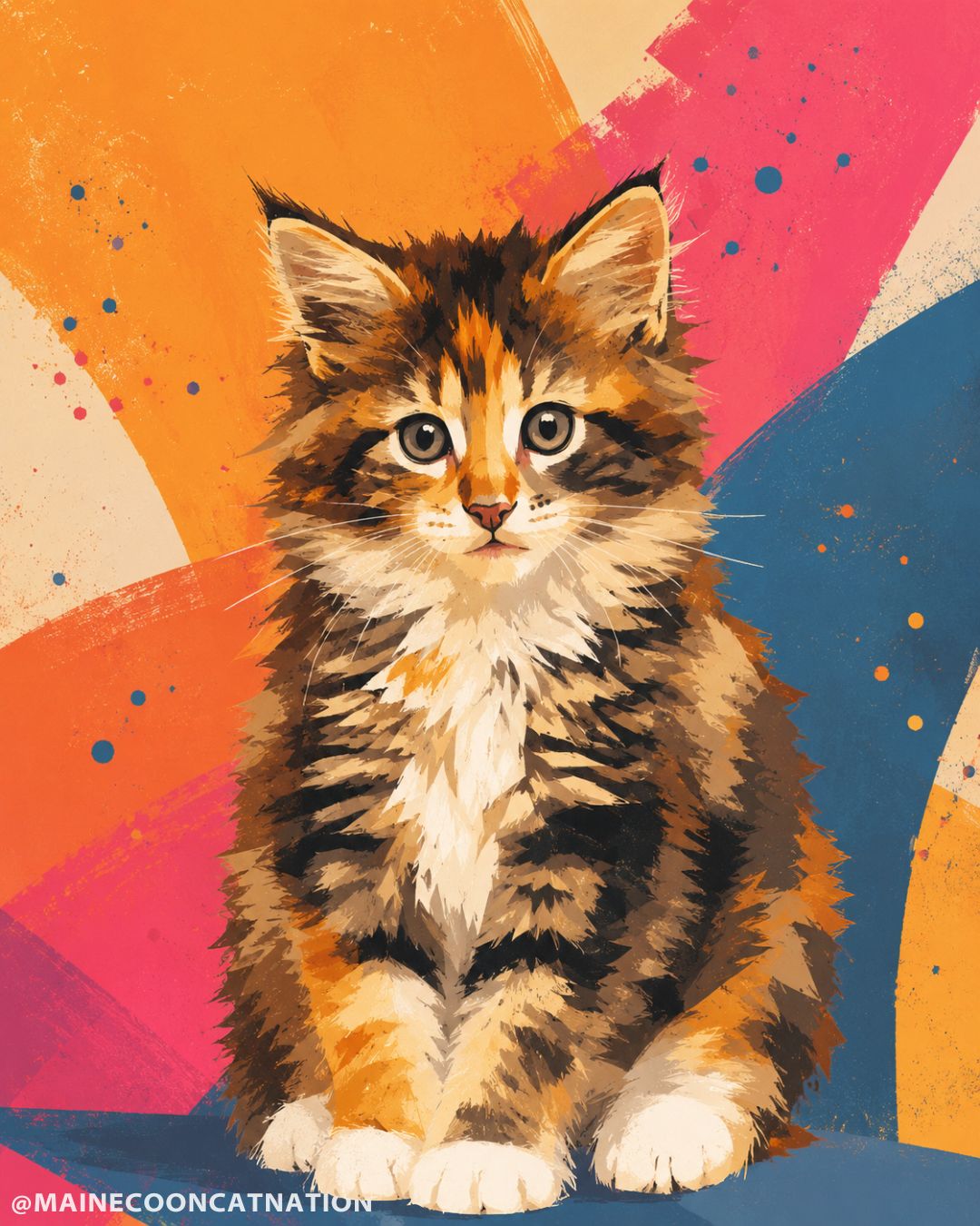 Editorial illustration of a fluffy calico Maine Coon kitten with a white chest and paws, sitting upright against a bold abstract background of orange, coral, and deep blue geometric shapes with textured brushstroke accents.