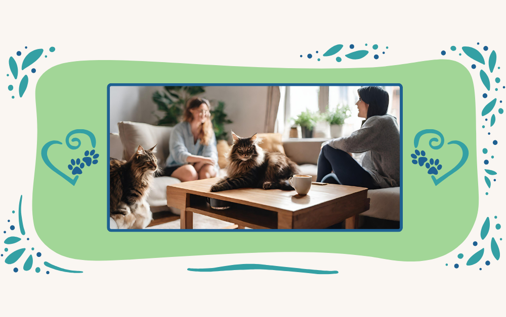 people around a coffee table with cats having coffee and chatting