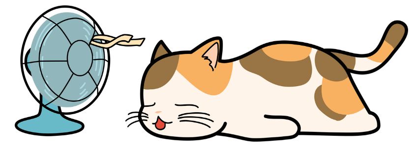 cute cartoon cat laying by a fan