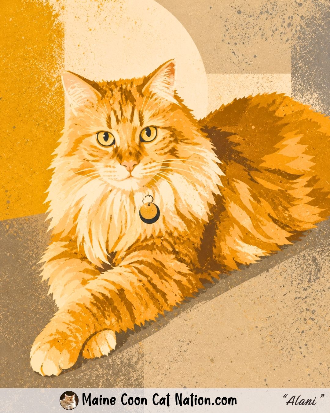 illustrated orange tabby Maine Coon with subtle ear tufts resting indoors in a modern editorial art style.