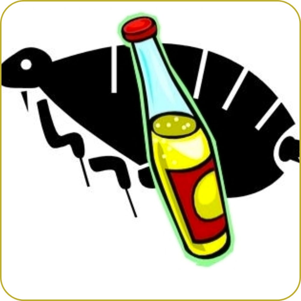 Vinegar Kills Fleas cartoon flea and a bottle of vinegar