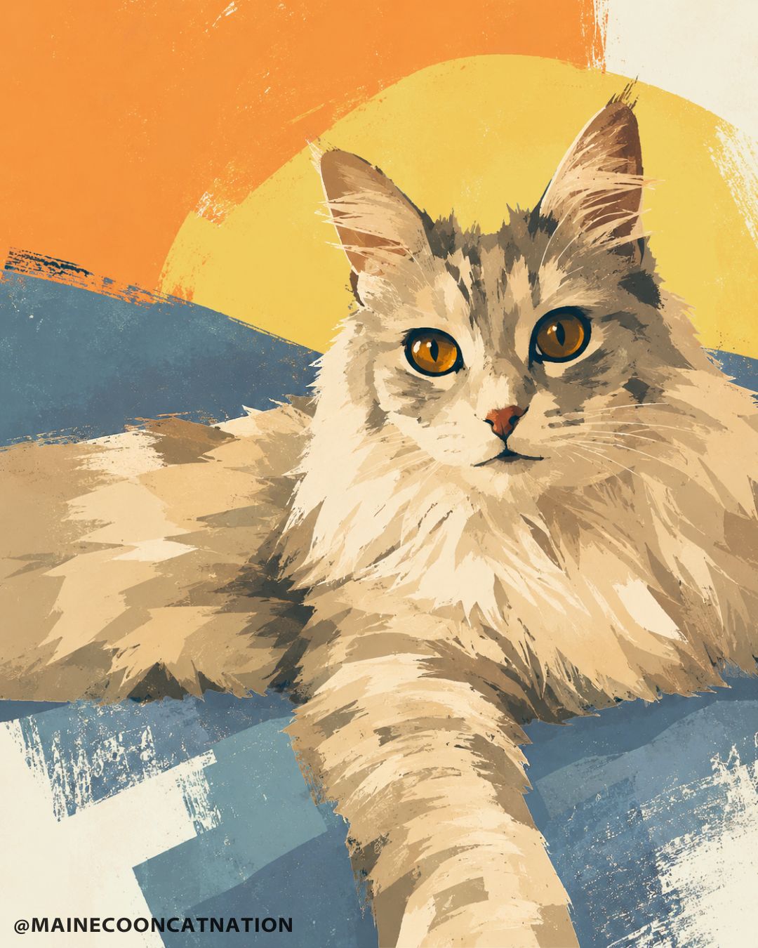 Editorial illustration of a silver Maine Coon cat with large amber eyes, lounging with one paw extended against a bold abstract background of orange, gold, cream, and deep blue graphic shapes and textured brushstrokes.