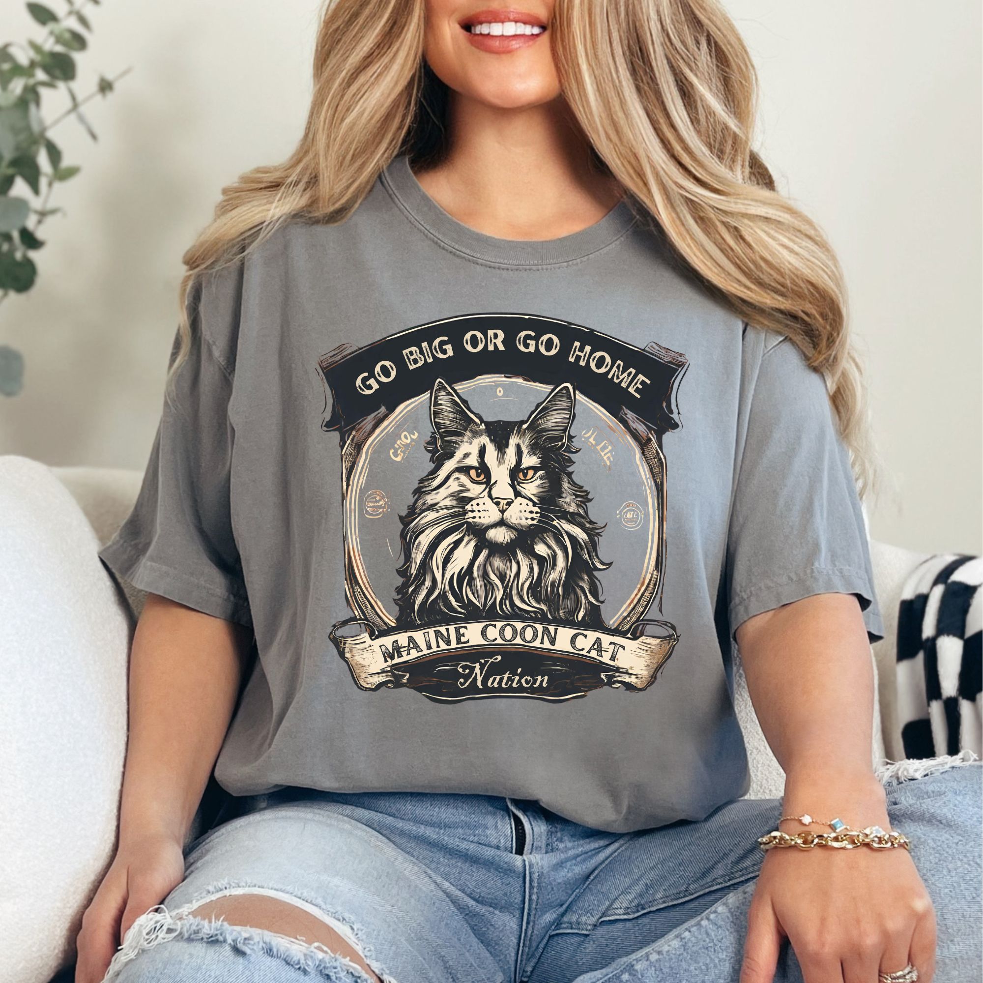 model wearing big maine coon cat artistic tshirt