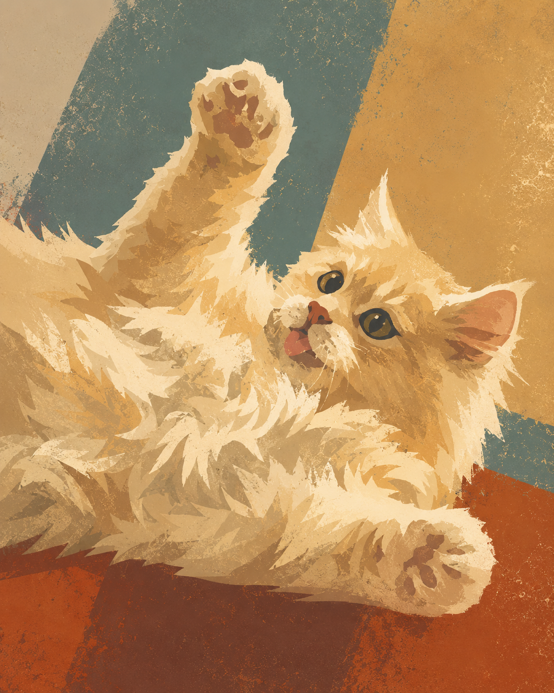 illustration of a ginger kitten playing with arms up and tongue out.