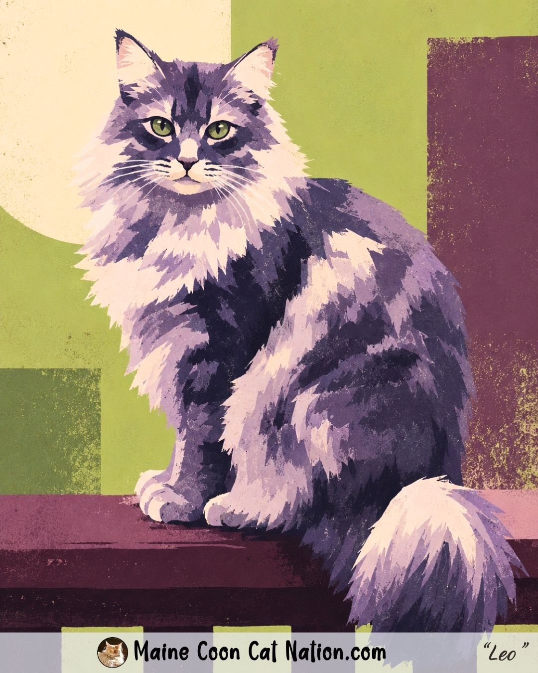 editorial illustration of a fluffy gray tabby cat sitting on a railing.