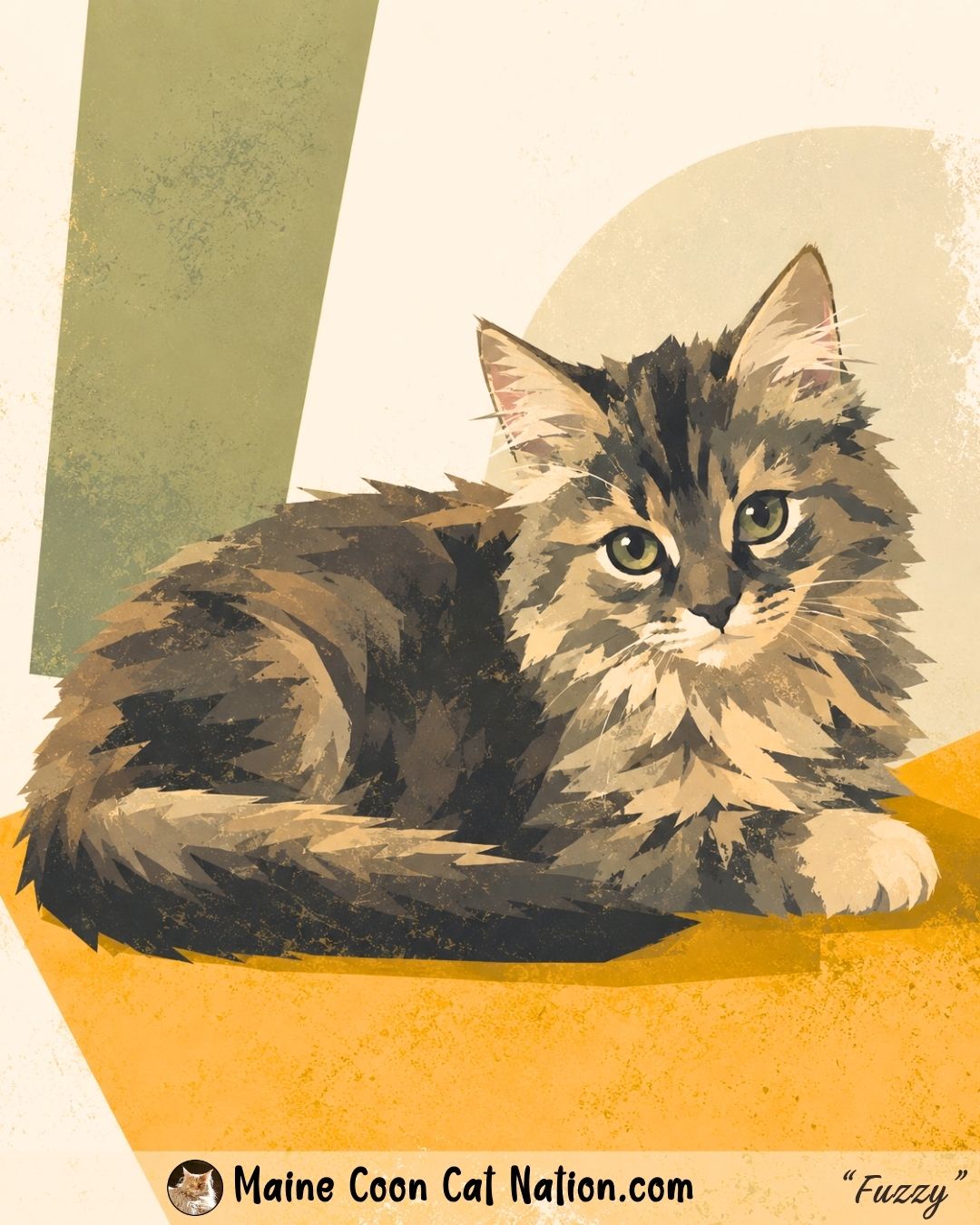 Editorial illustration of a fluffy gray tabby Maine Coon kitten lying down with large ears, soft expression, and an abstract geometric background in a contemporary graphic style. Editorial illustration of a fluffy gray tabby Maine Coon kitten lying down with large ears, soft expression, and an abstract geometric background in a contemporary graphic style.