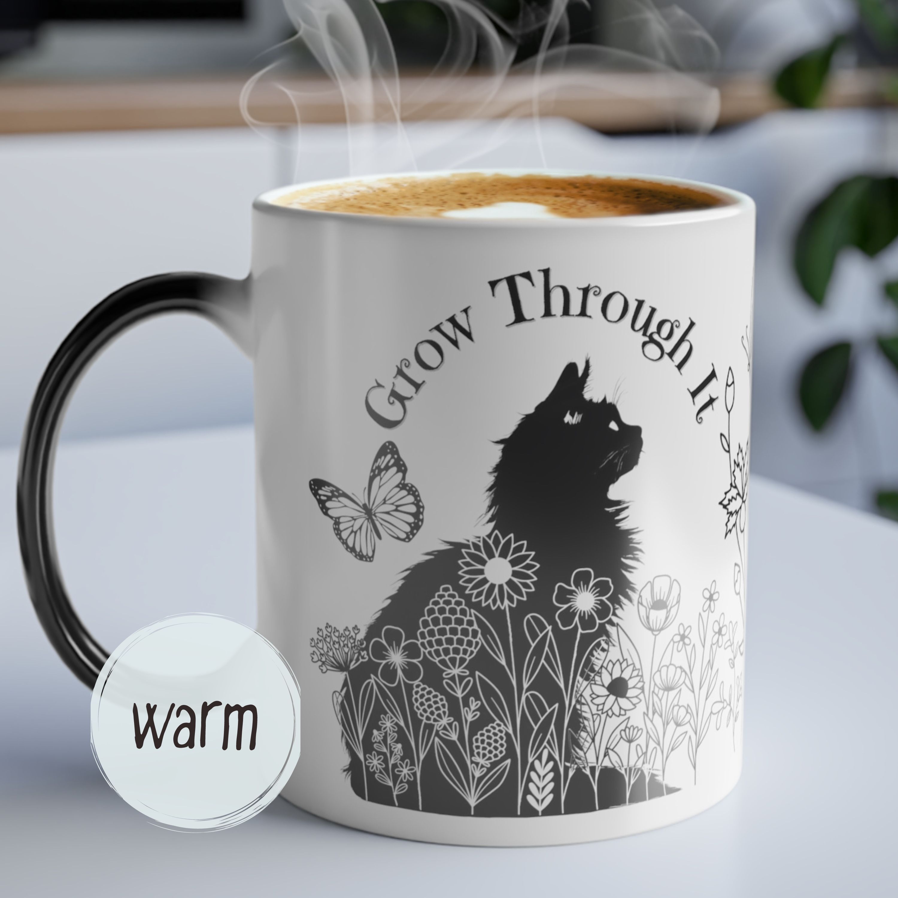 maine coon kitten and wildflowers color morphing mug