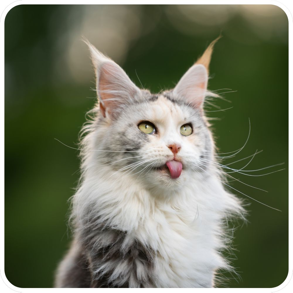 silver maine coon with tongue out