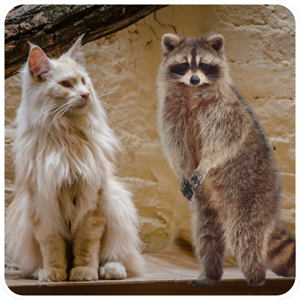 maine coon cat and raccoon side by side