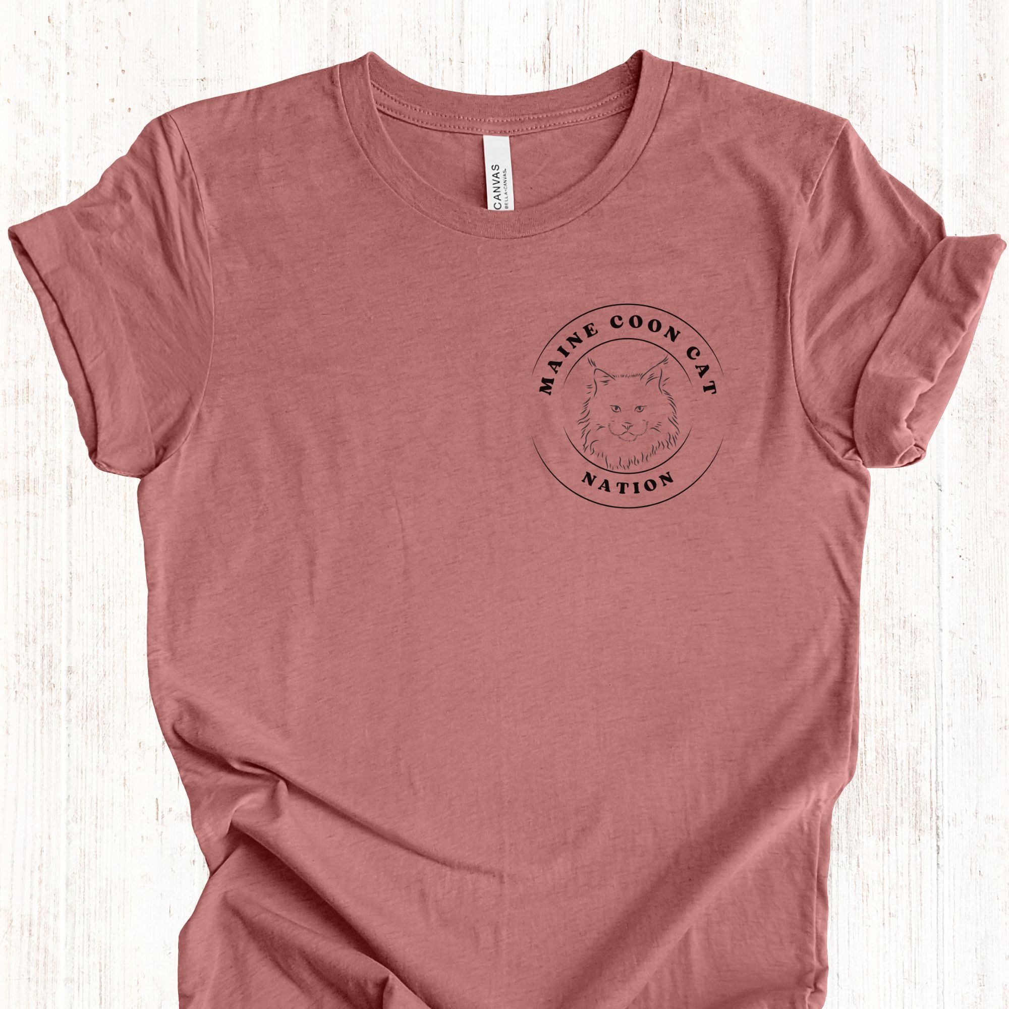 mauve tshirt with maine coon cat nation logo on pocket