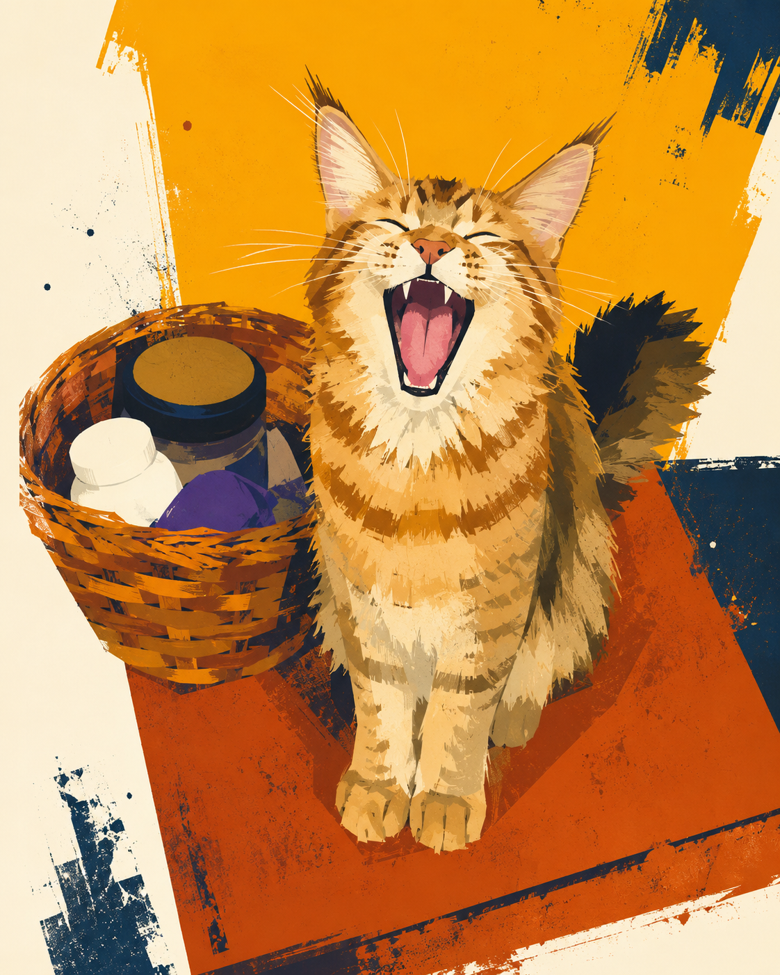 Illustration of a yawning Maine Coon kitten sitting on a table beside a woven basket. Illustration of a yawning Maine Coon kitten sitting on a table beside a woven basket.