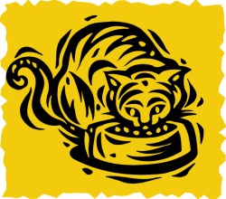 artistic cartoon cat eating out of food dish