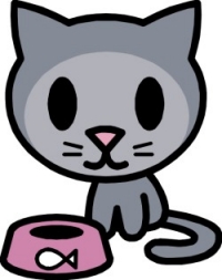 cute cartoon cat and food dish
