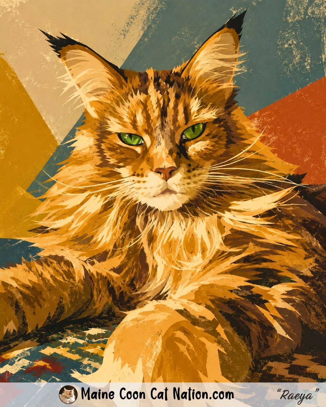 editorial illustration of a russian maine coon with a bold expression and long, thick fur.
