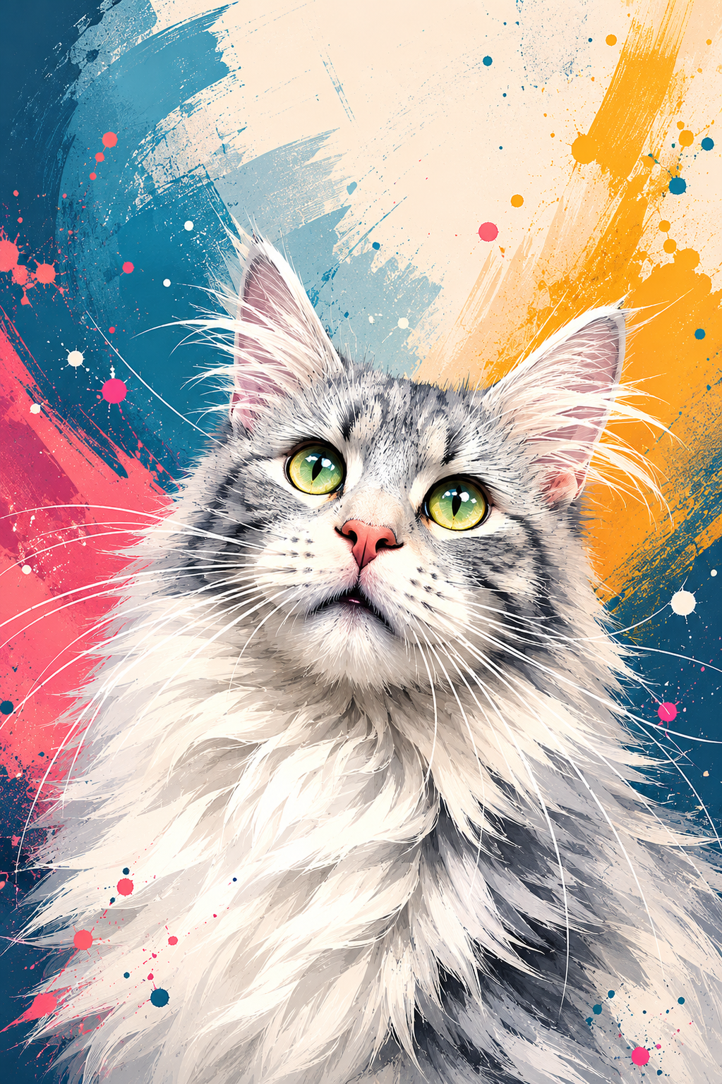 Editorial illustration of a silver Maine Coon with bright green eyes and long ear furnishings, looking upward against a bold abstract red background with graphic brushstroke textures.. Editorial illustration of a silver Maine Coon with bright green eyes and long ear furnishings, looking upward against a bold abstract red background with graphic brushstroke textures..