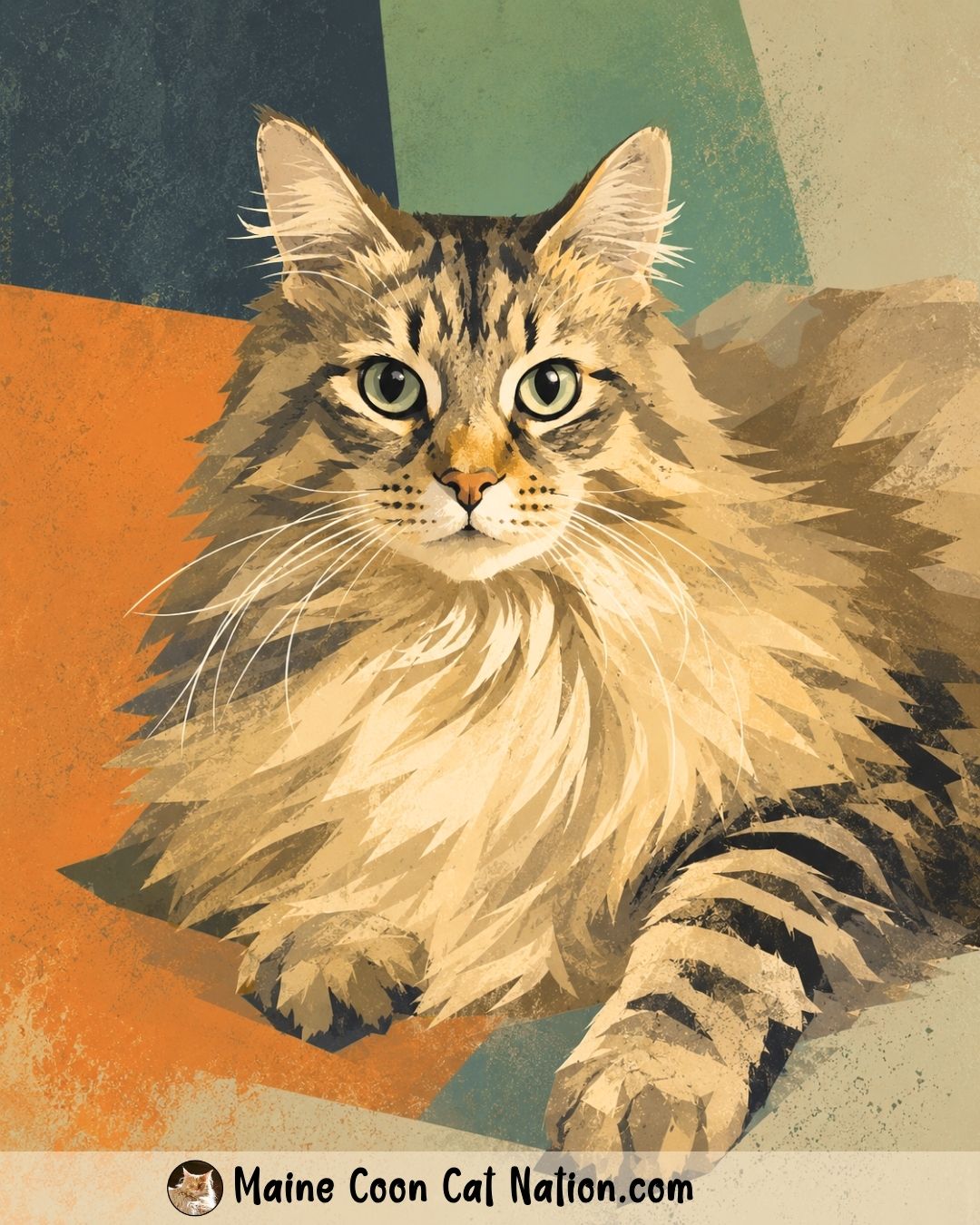 Editorial illustration of a silver tabby Maine Coon resting with one paw extended, featuring a full ruff, green eyes, and an abstract textured background in warm neutral tones. Editorial illustration of a silver tabby Maine Coon resting with one paw extended, featuring a full ruff, green eyes, and an abstract textured background in warm neutral tones.